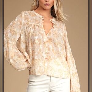 Lulu's Love and Honey Ivory Floral Print Button-Up Top Flowy Sheer Cropped Small